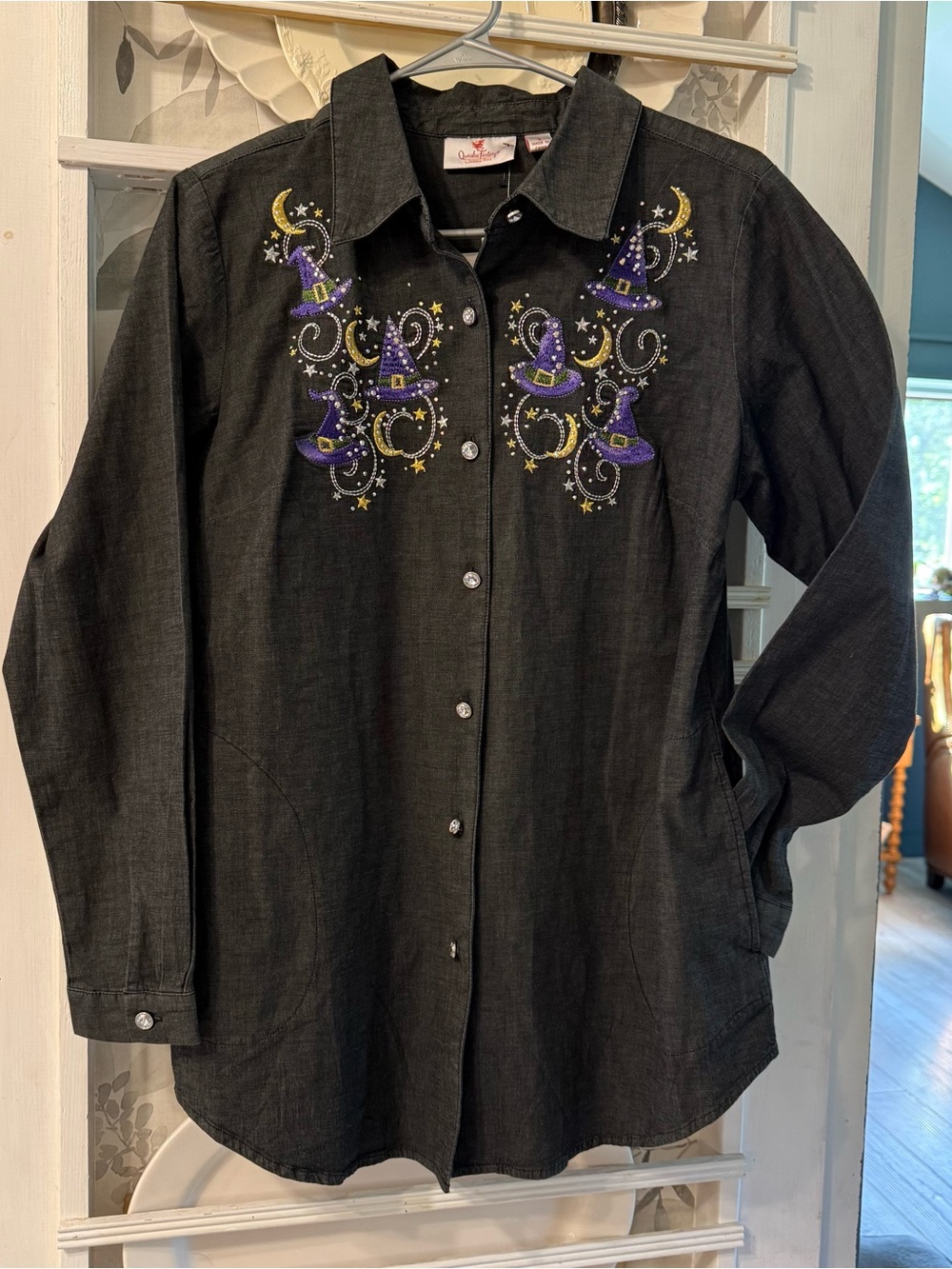 Halloween Quacker Factory Shirt Black Denim Embroidered Witch Hat Rhinestone-SM